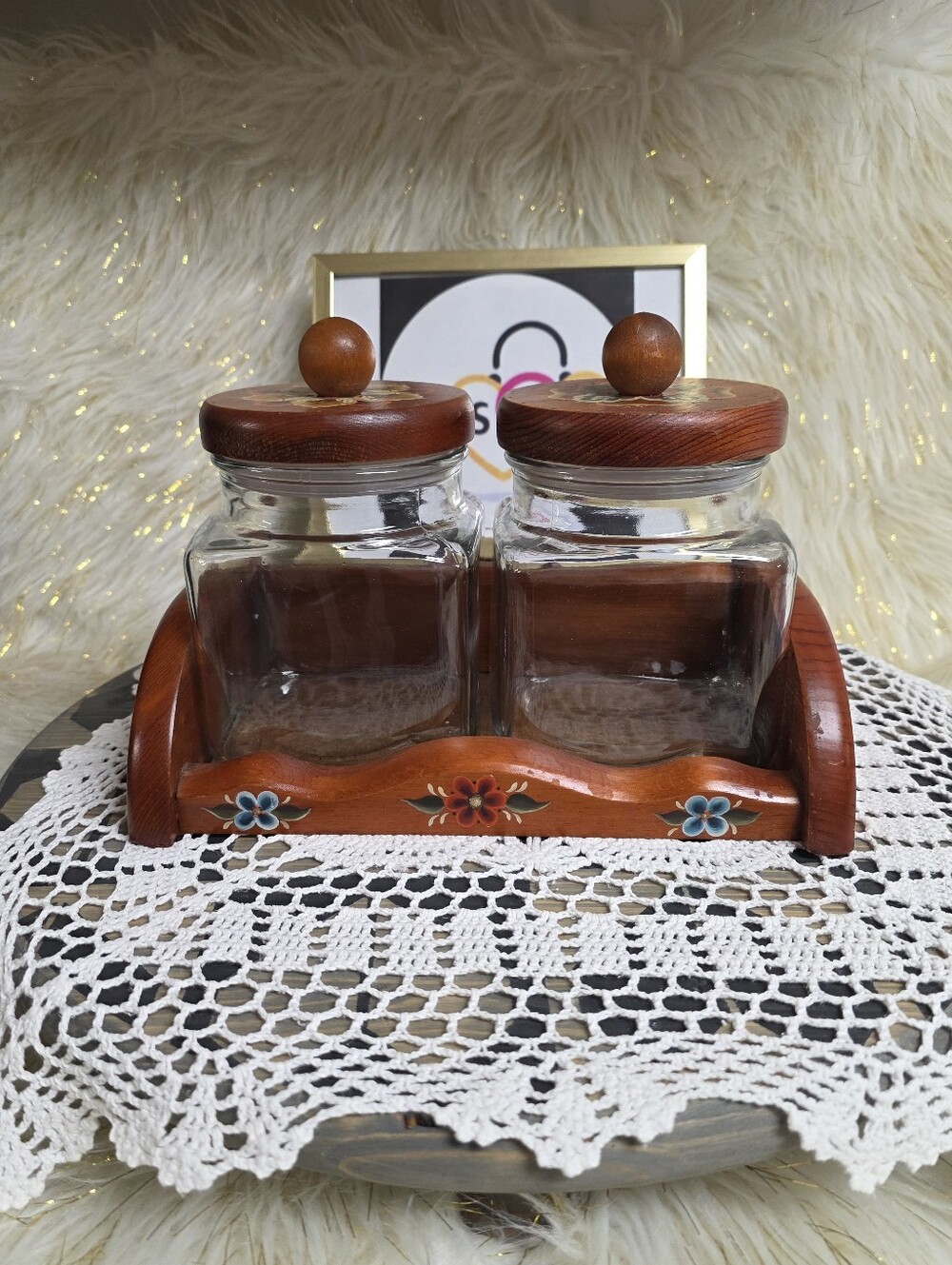 VINTAGE NORWEGIAN ROSEMALING HANDPAINTED GLASS JAR WOOD LID AND STORAGE RACK - Picture 2 of 13